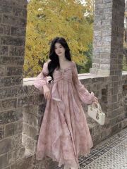 Blovelan sweet peach apricot butterfly water cloud powder hazy smudge printing chiffon seaside vacation style fairy dress
