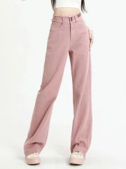 Gentle style dirty pink rosy high waist jeans for women loose and slim straight draped floor wide-leg long trousers trendy