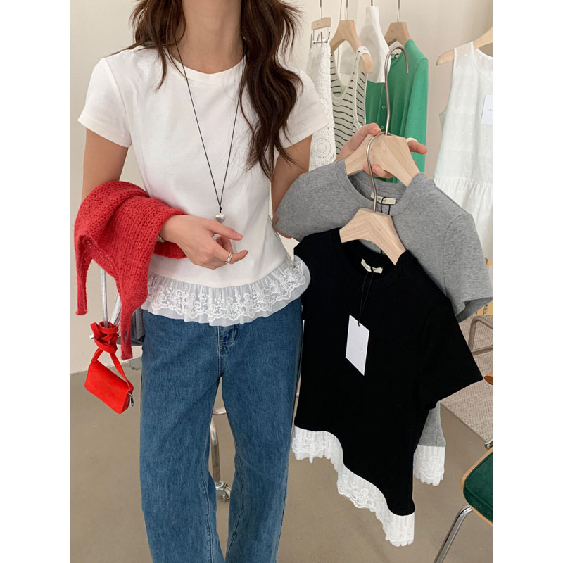 Official picture of white 260g summer sweet age-reducing lace splicing hem solid color short-sleeved T-shirt for women