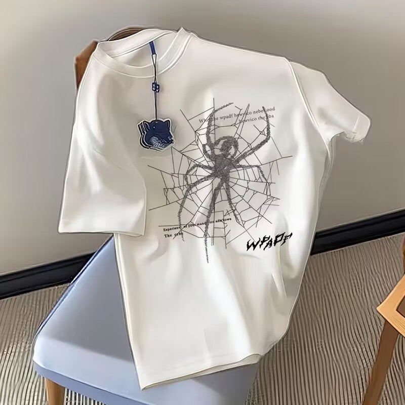 2025 Korean version of summer short-sleeved women's T-shirt ins versatile new loose printed spider couple top trendy