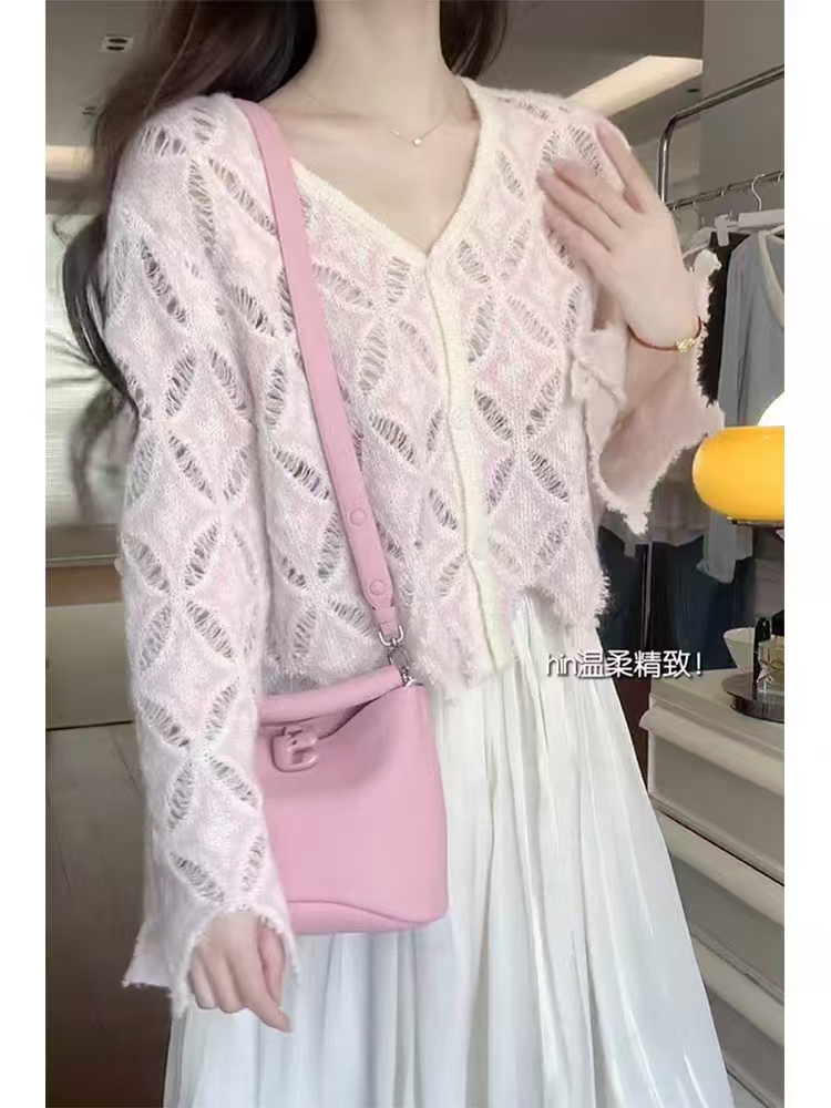 Hollow knitted floral mohair knitted cardigan top 2025 spring and autumn new long-sleeved jacket thin