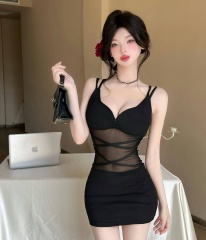 Real-life sexy mesh splicing hollow hip-pack suspender base short dress