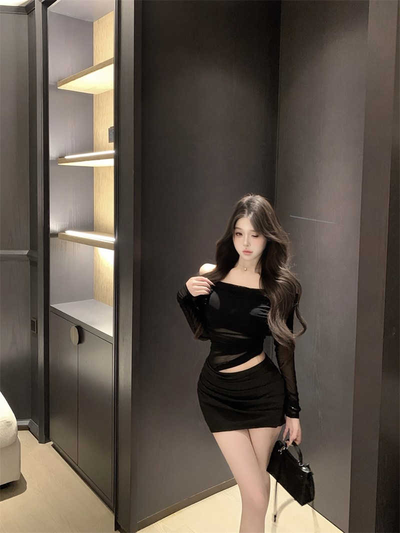 Real shot 2025 new style summer night star fall pleated one-shoulder mesh slightly transparent hip-wrapped dress