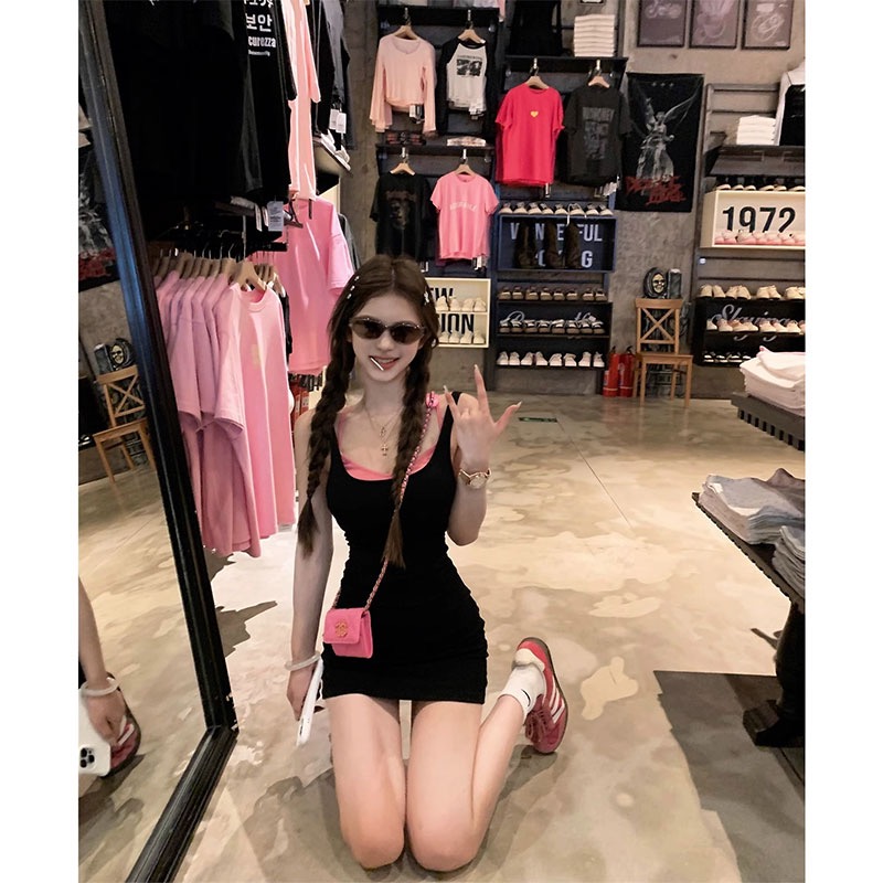 兩件套JMSHOP辣妹玩家純欲顯瘦連衣裙疊穿內衣短款吊帶包臀裙