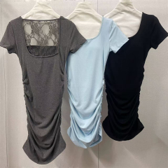 2025 spring new black design with backless perspective sexy lace fitted waist and slim short-sleeved dress