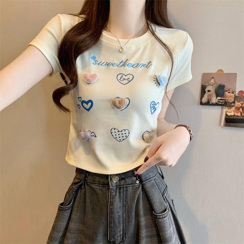 Real shot of the new Korean style design and love three-dimensional decorative printed short-sleeved T-shirt