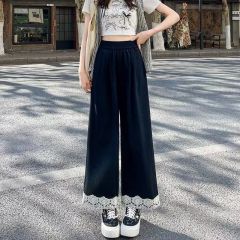 New lace lace Korean casual high waist wide-leg pants 2025 spring and summer new solid color spliced ​​casual pants for women