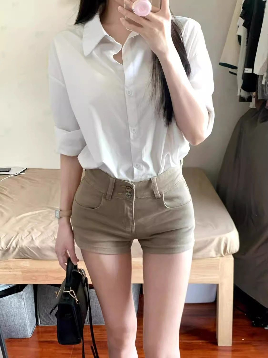 Khaki slim casual denim shorts for women with small spring hot girls high waist slim and elastic hips hot pants