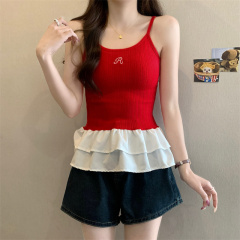 實拍 紅色針織花邊吊帶背心夏季新款內搭外穿芭蕾風獨特上衣
