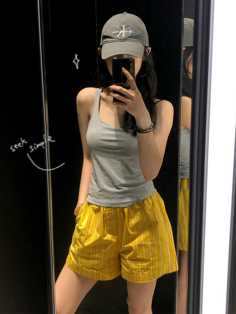 Korean yellow striped shorts for women in summer new style thin small loose high waist versatile sports and casual wide-leg pants