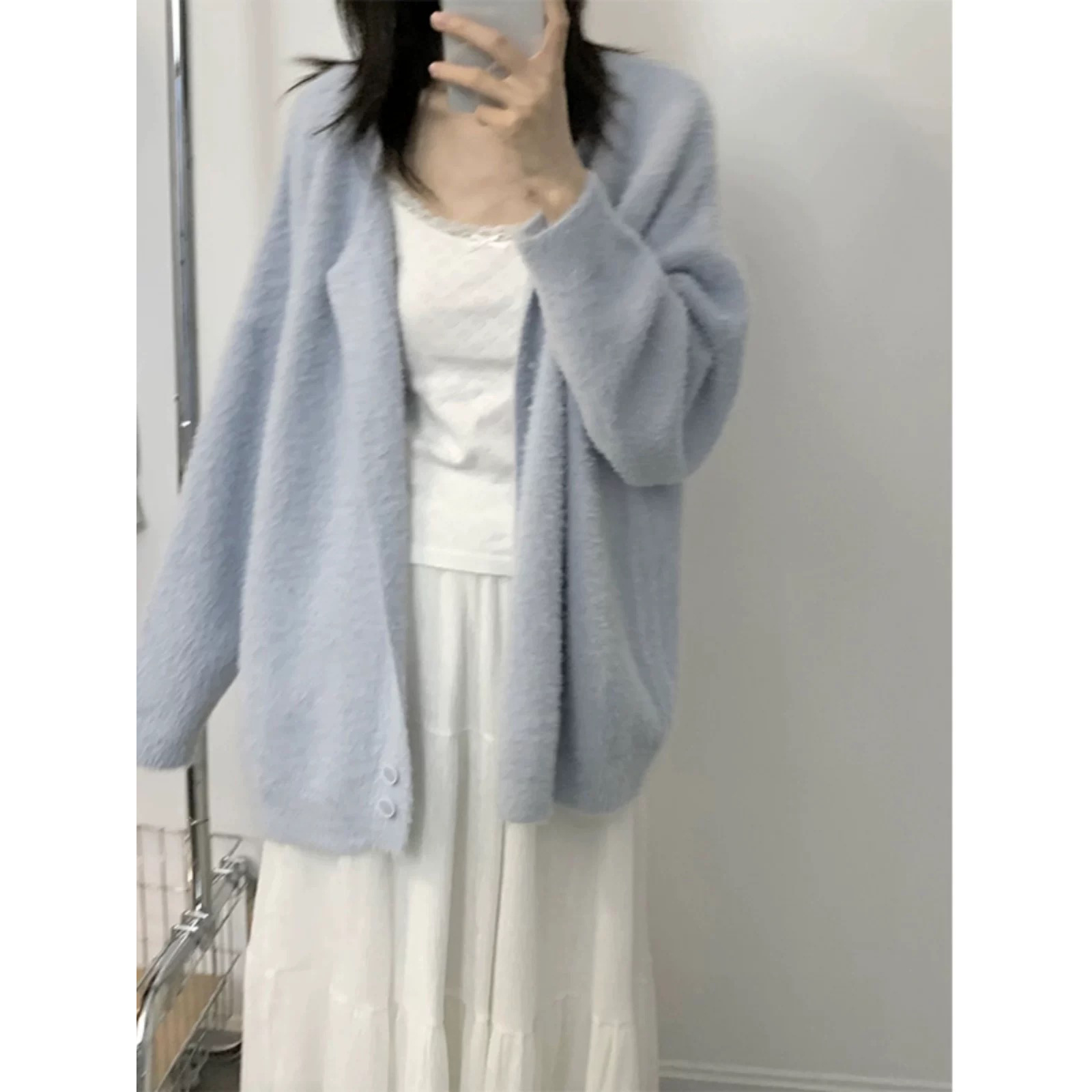 Korean style lazy style loose blue mid-length knitted cardigan for women's autumn and winter mohair Japanese soft sweater jacket