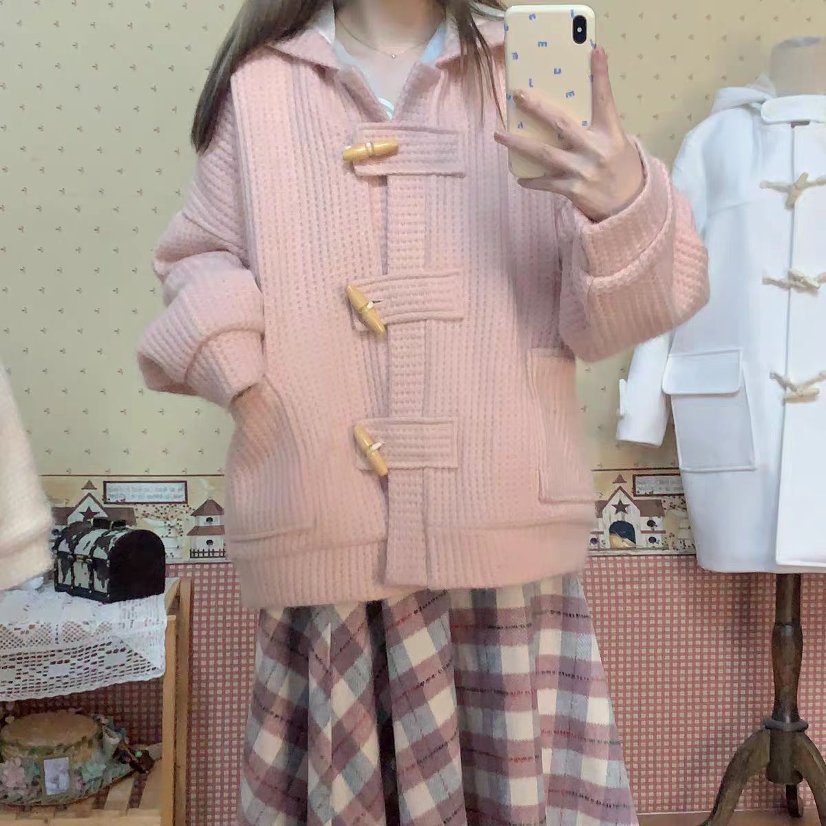 Original jk soft girl sweet girl horn button 2025 spring jacket loose sweet hooded sweater cardigan women
