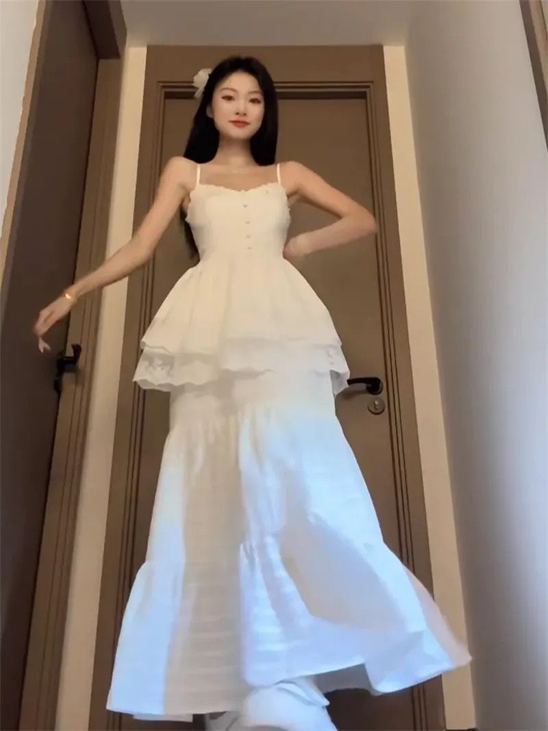 套裝/單件2025夏季韓系減齡蕾絲無袖吊帶連衣裙上衣高腰半身裙