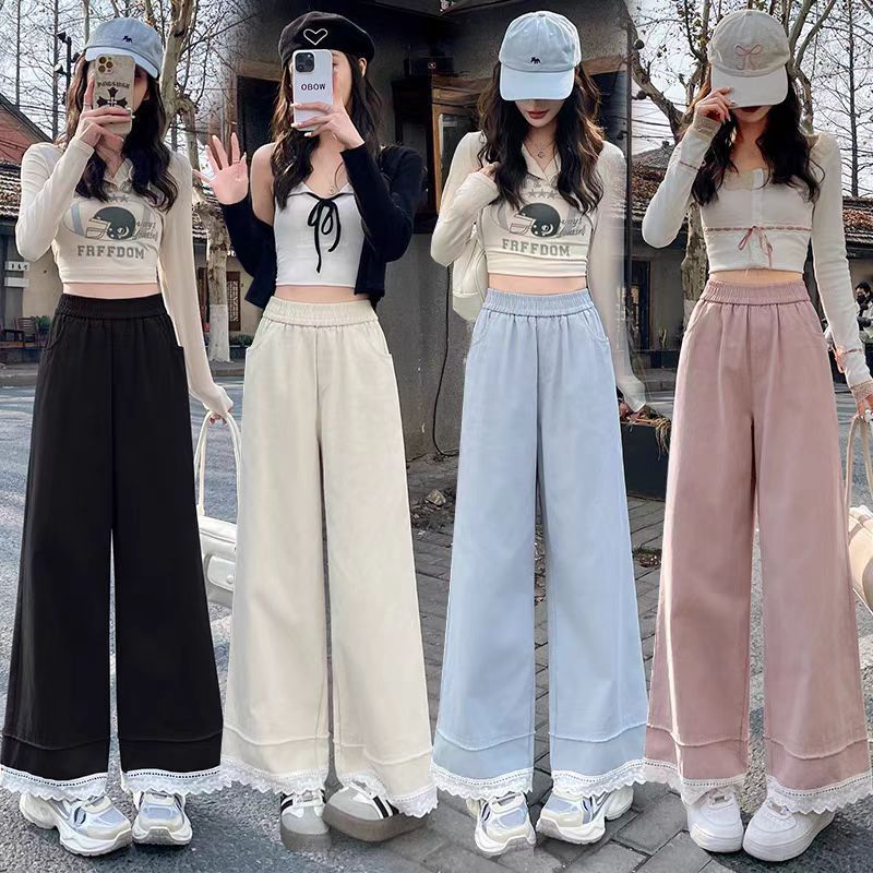 2025 fat mm lace lace spliced ​​wide-leg pants for women in spring and summer new sweet drooping soft glutinous loose casual pants