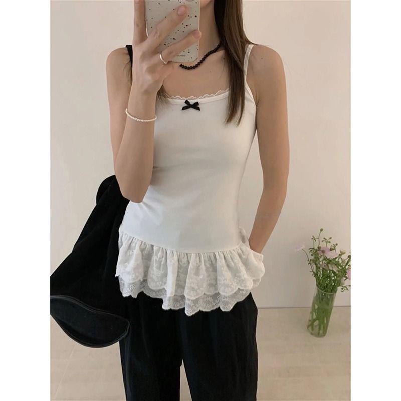 Women's cotton white bow beautiful suspender vest women's spring and summer wear lace lace hem inside top