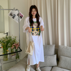 Summer pure cotton dress loose over-knee slit short-sleeved T-shirt skirt trendy mom