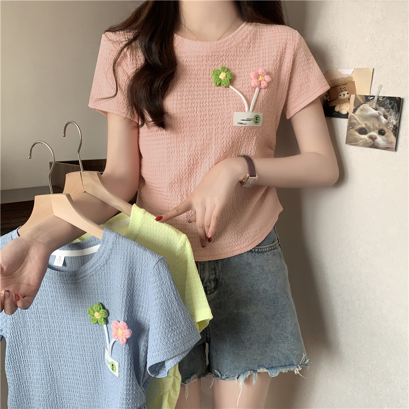 實拍首發仿棉40支1*1夏季新款修身顯瘦刺繡小個子圓領短袖T恤女