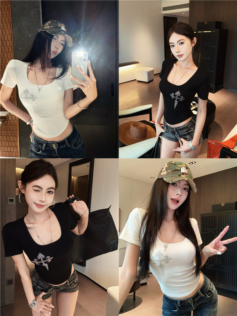 實拍~辣妹純欲U領設計感洋氣正肩短袖T恤短款打底內搭上衣女