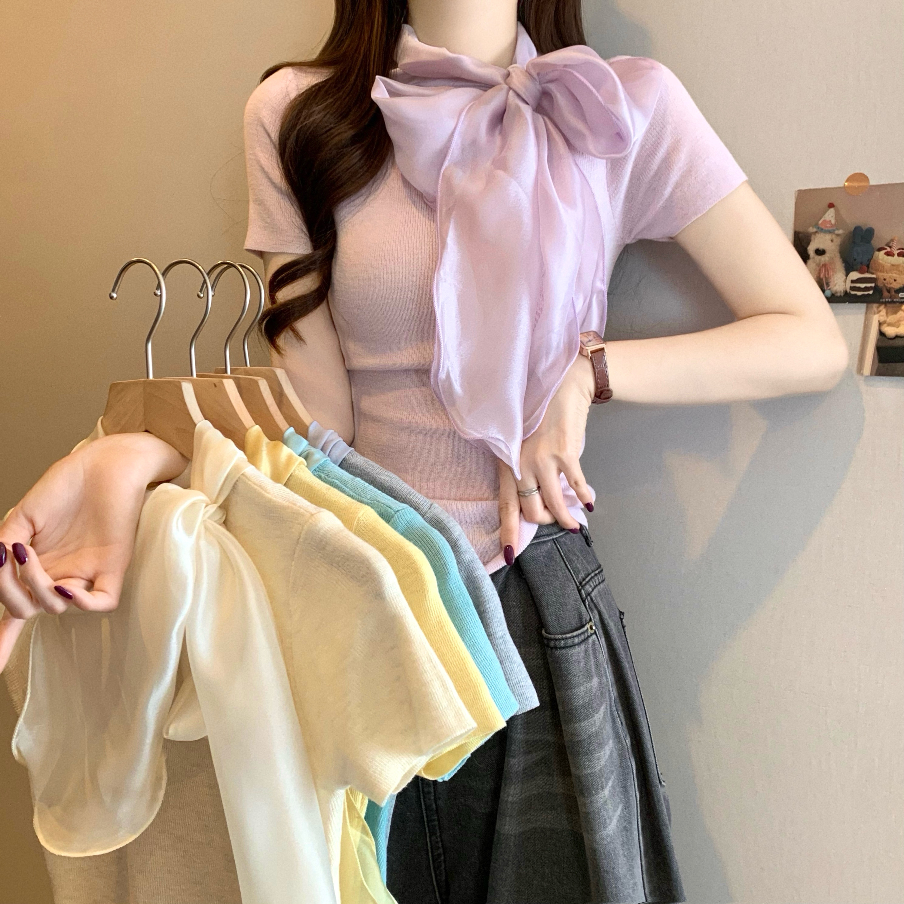 Real shot of the new version of Xiaoxiang style design bow tie short-sleeved knit sweater