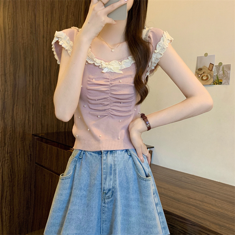 Real shot of the new French design lace niche short-sleeved knitted sweater