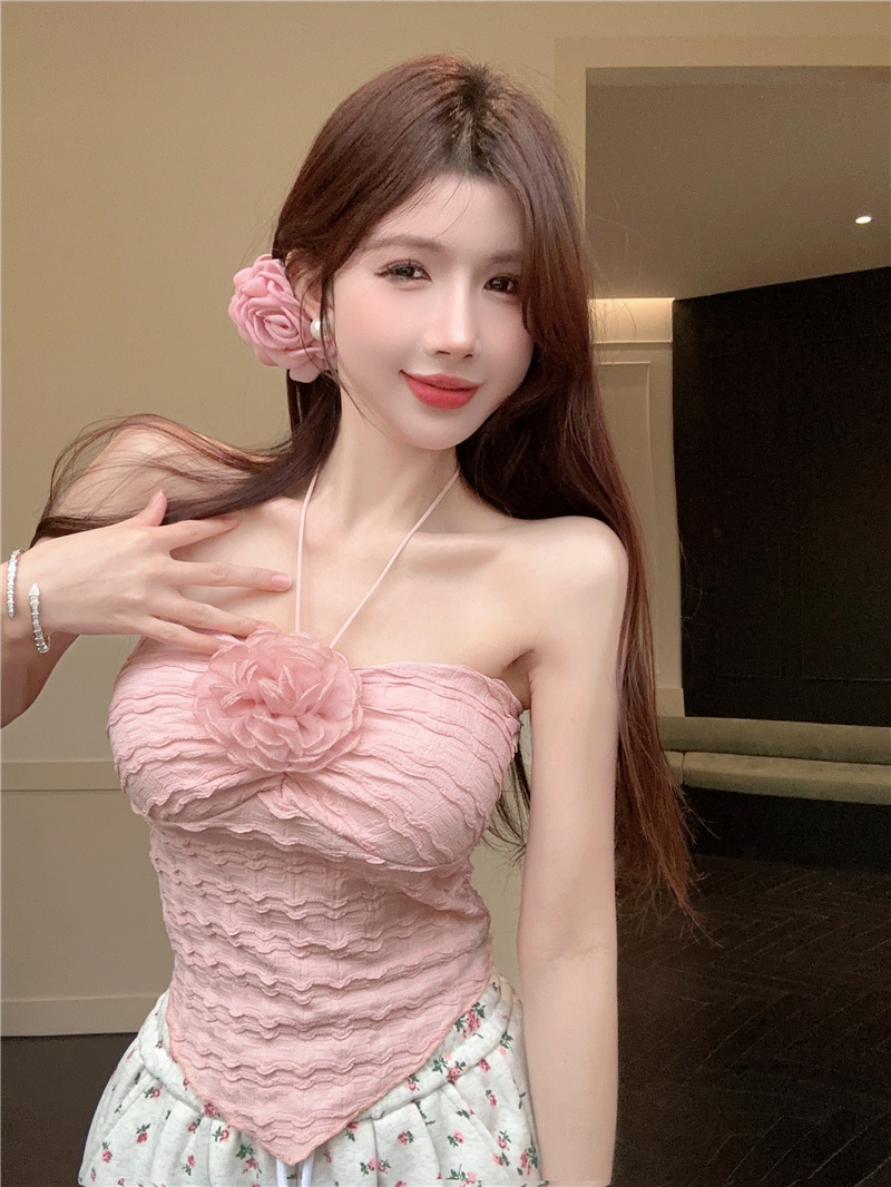 實拍~純欲掛脖吊帶小背心女緊身內搭外穿不規則花朵甜辣上衣