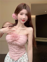 實拍~純欲掛脖吊帶小背心女緊身內搭外穿不規則花朵甜辣上衣