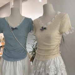 蝴蝶結V領蕾絲短袖針織衫女夏純欲甜辣妹芭蕾風修身顯瘦短款上衣