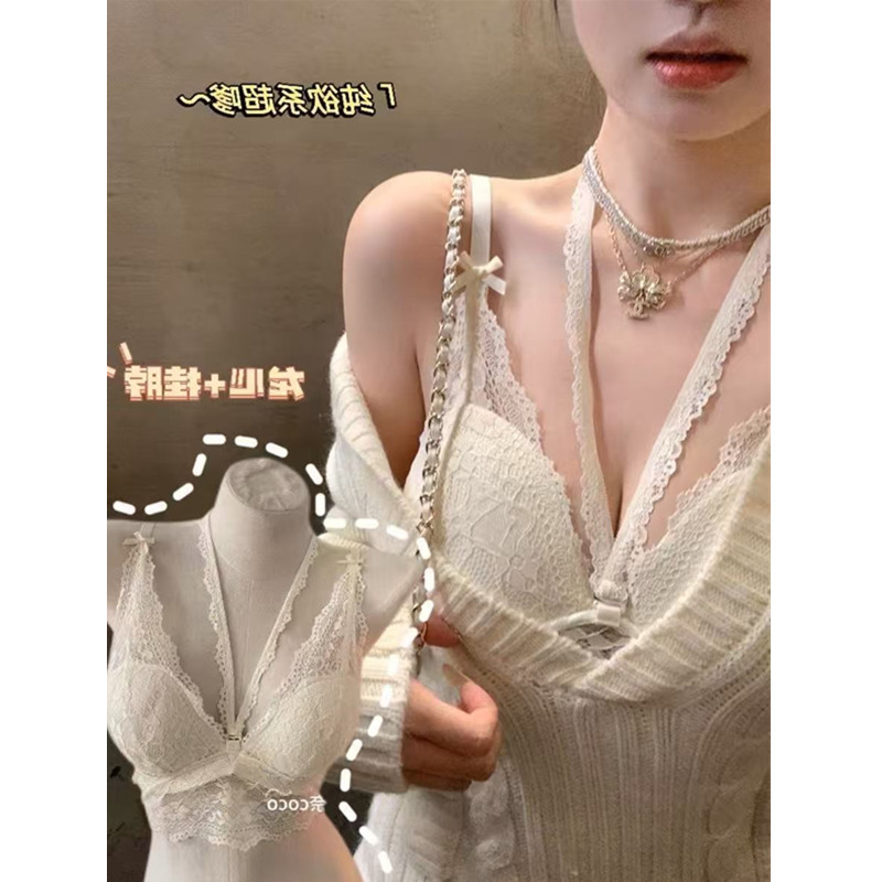非實拍  小胸聚攏內衣女無鋼圈掛脖純欲法式蕾絲性感內搭吊帶