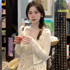 French white three-dimensional flower lace-up knitted sun protection cardigan for women short suspender outer sling shawl ice silk blouse summer