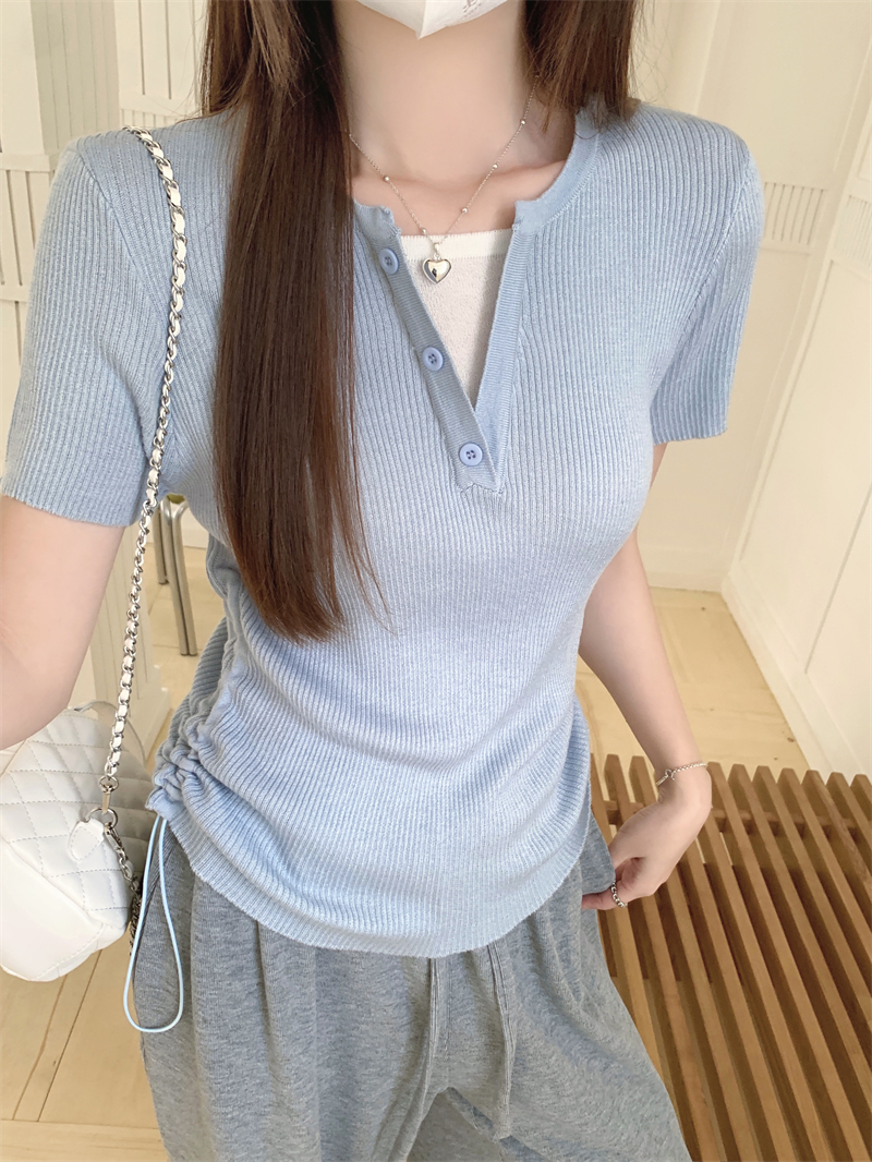 Real shot Real new summer design pleated slimming fake two-piece sweater top for women