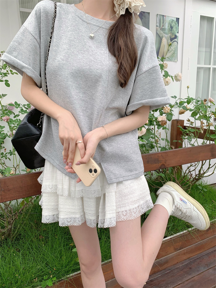 Real-life pure cotton half-sleeved T-shirt for women in summer loose Korean style versatile slit hem short-sleeved top trendy