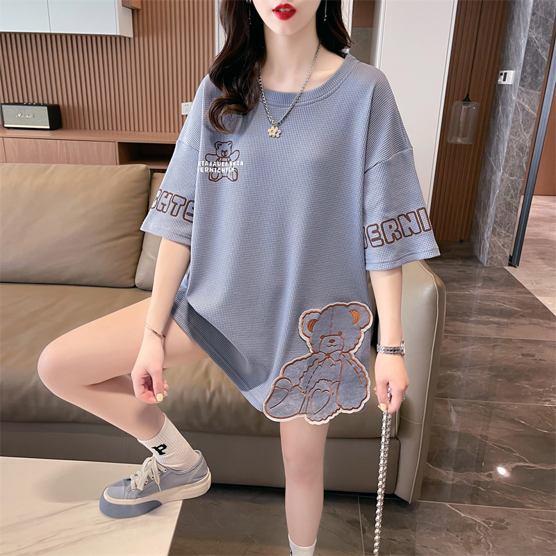首發實拍仿棉華夫格 短袖t恤女寬鬆中長款