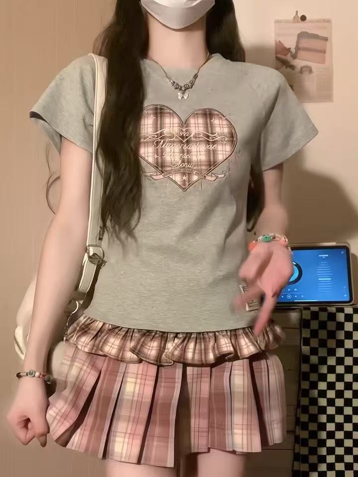 40支純棉甜辣妹格紋邊短袖T恤女INS夏季短款上衣