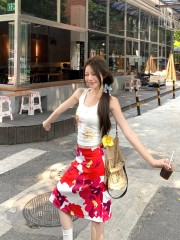 Real shot of small sweet printed suit casual flower vest suspender + high waist A-line skirt for women