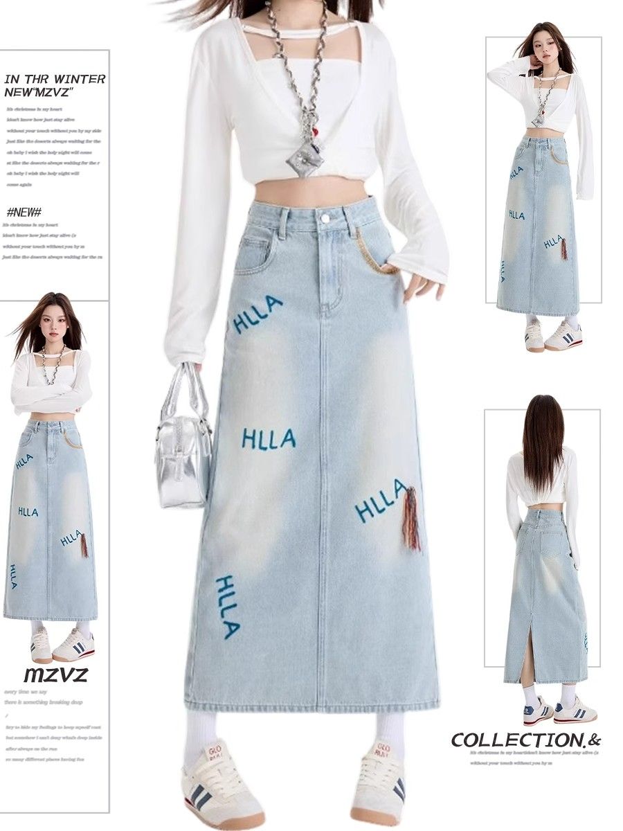 Light blue letter embroidered denim skirt for women in spring high waist slim A-line slit mid-length skirt
