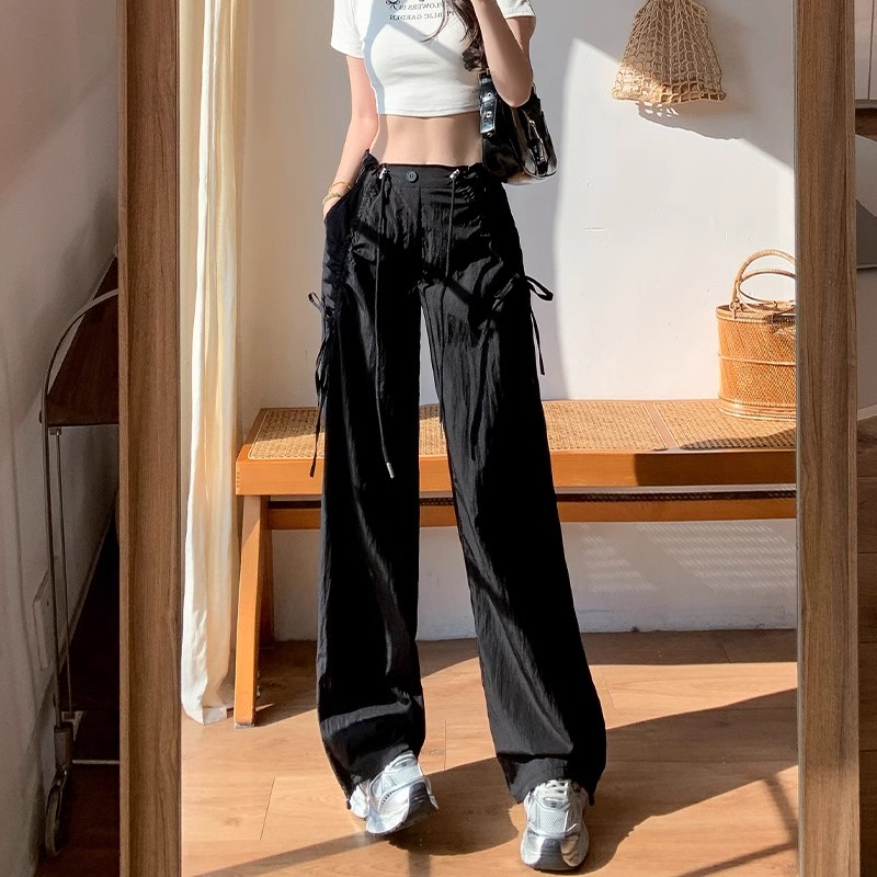 Drawstring American work pants for women in summer thin design and casual small straight pants