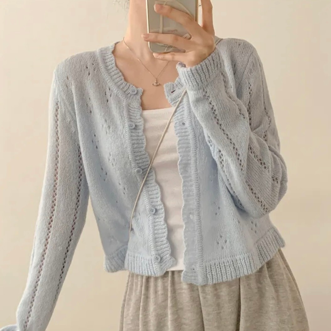Korean chic spring and autumn hollow design knitted cardigan commuter versatile casual top for women
