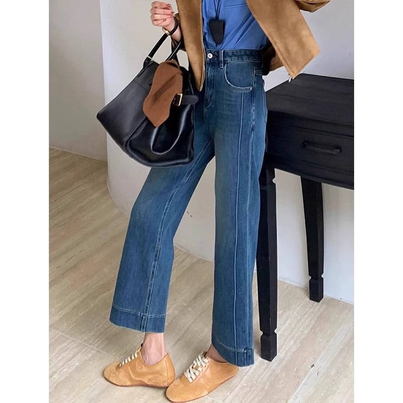 2025 spring and summer large-size stretch nine-point jeans for women pear-shaped body loose high waist slimming straight wide-leg pants