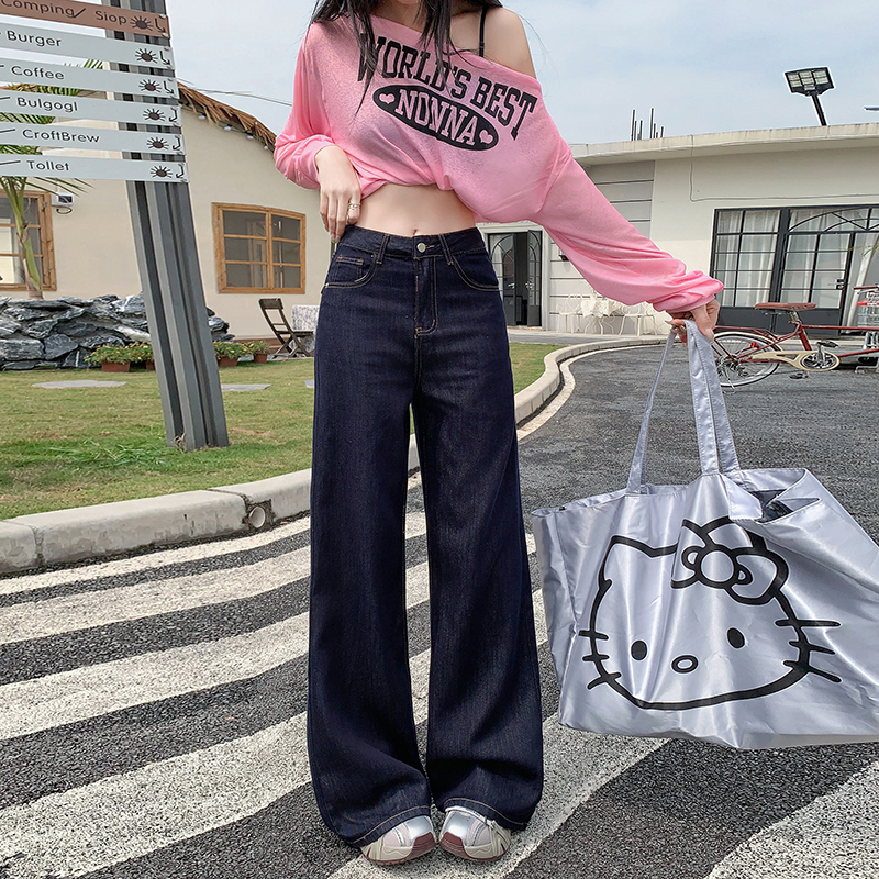 2025年流行穿搭深藍色闊腿牛仔褲女春秋高腰寬鬆垂感丹寧拖地褲