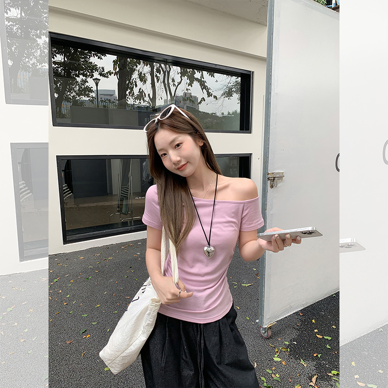Real photo of hot girl style gray off-shoulder short-sleeved T-shirt for women's summer sweet and spicy temperament with one-length collar top