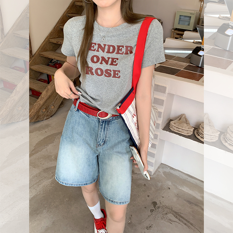 Real-life American retro letter printing design round neck short-sleeved T-shirt for women slim fit slim pullover top