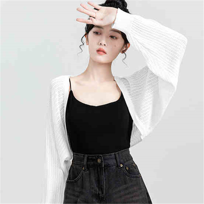 Hollow sunscreen knitted cardigan for women's thin summer UV resistant suspender straps with hoodie vest sweater jacket spring and autumn