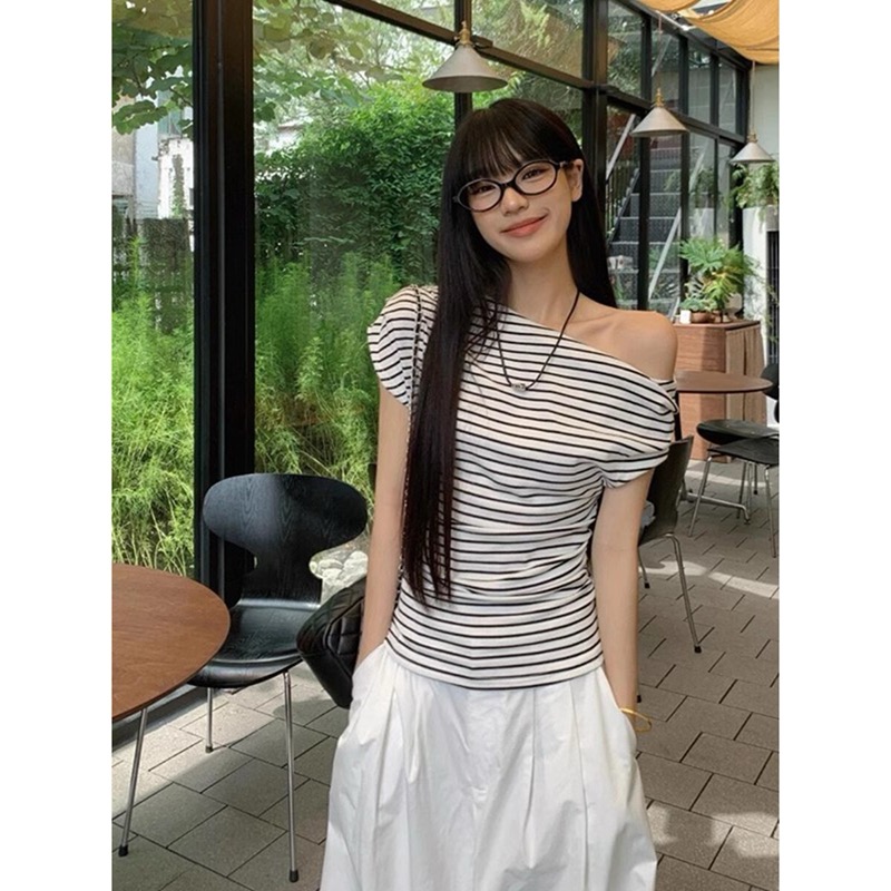 官圖彩棉羅紋斜肩短袖T恤女夏季辣妹顯瘦露肩條紋上衣