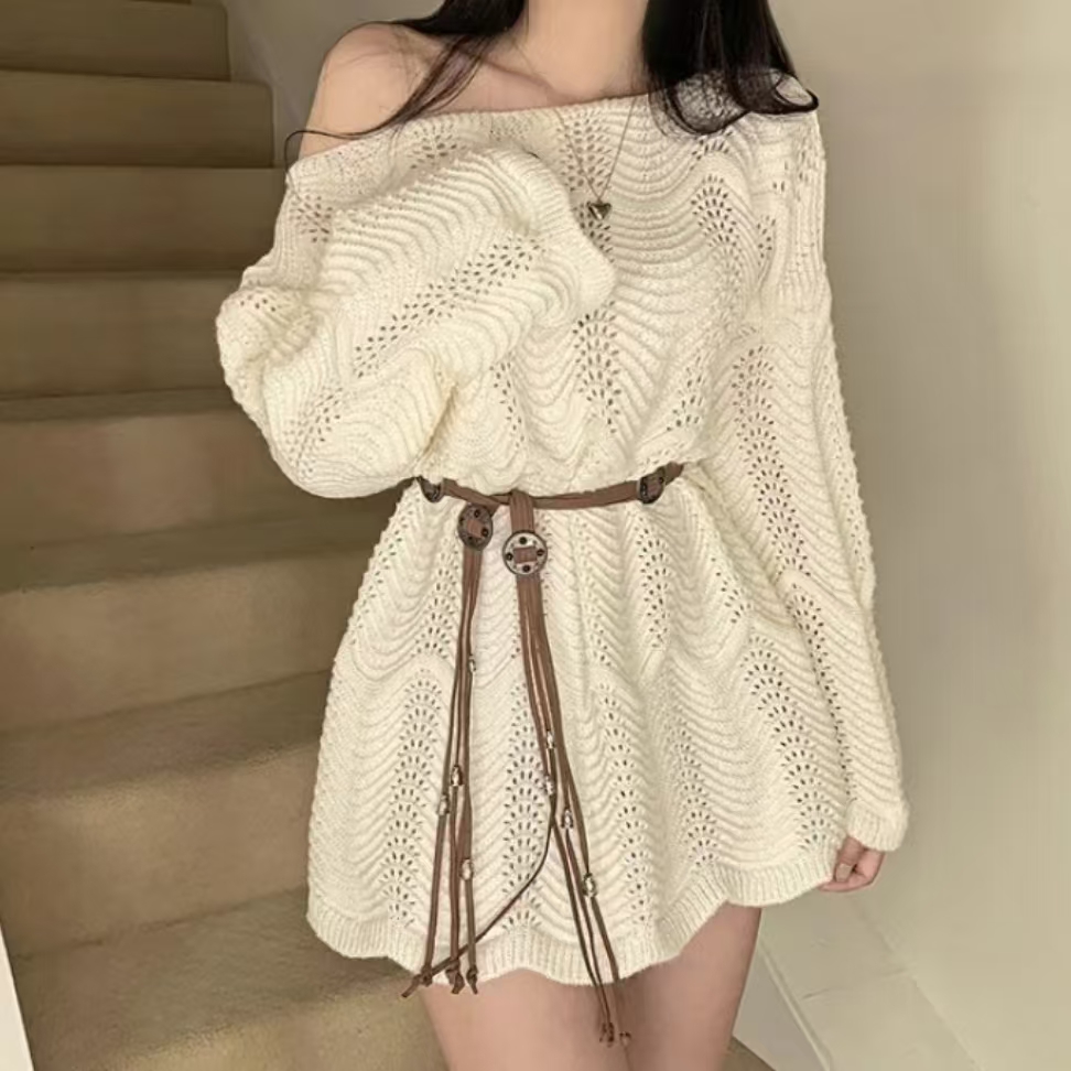 Korean style texture and texture striped striped one-length neck lazy style sweater knitted sweater for women