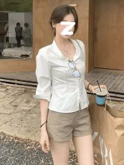 French shirt fashionable age-reducing temperament waist-hugging long-sleeved shirt white early autumn new design summer top