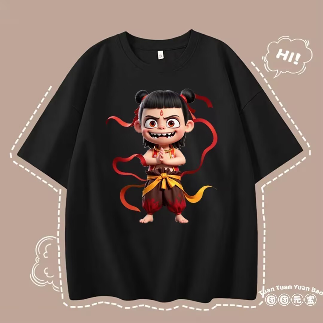 Summer round neck short-sleeved national trend personality versatile loose casual trend Nezha women's printed T-shirt