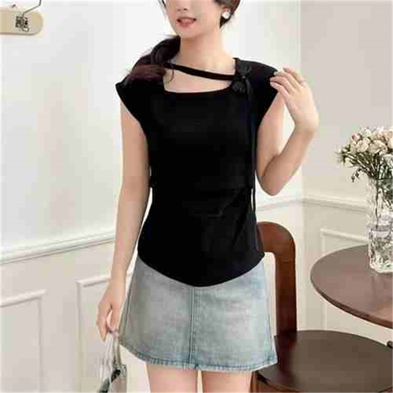 Flower tilt placket fold pleated sweater for women in summer new short-sleeved waist-closed Chinese style vest top