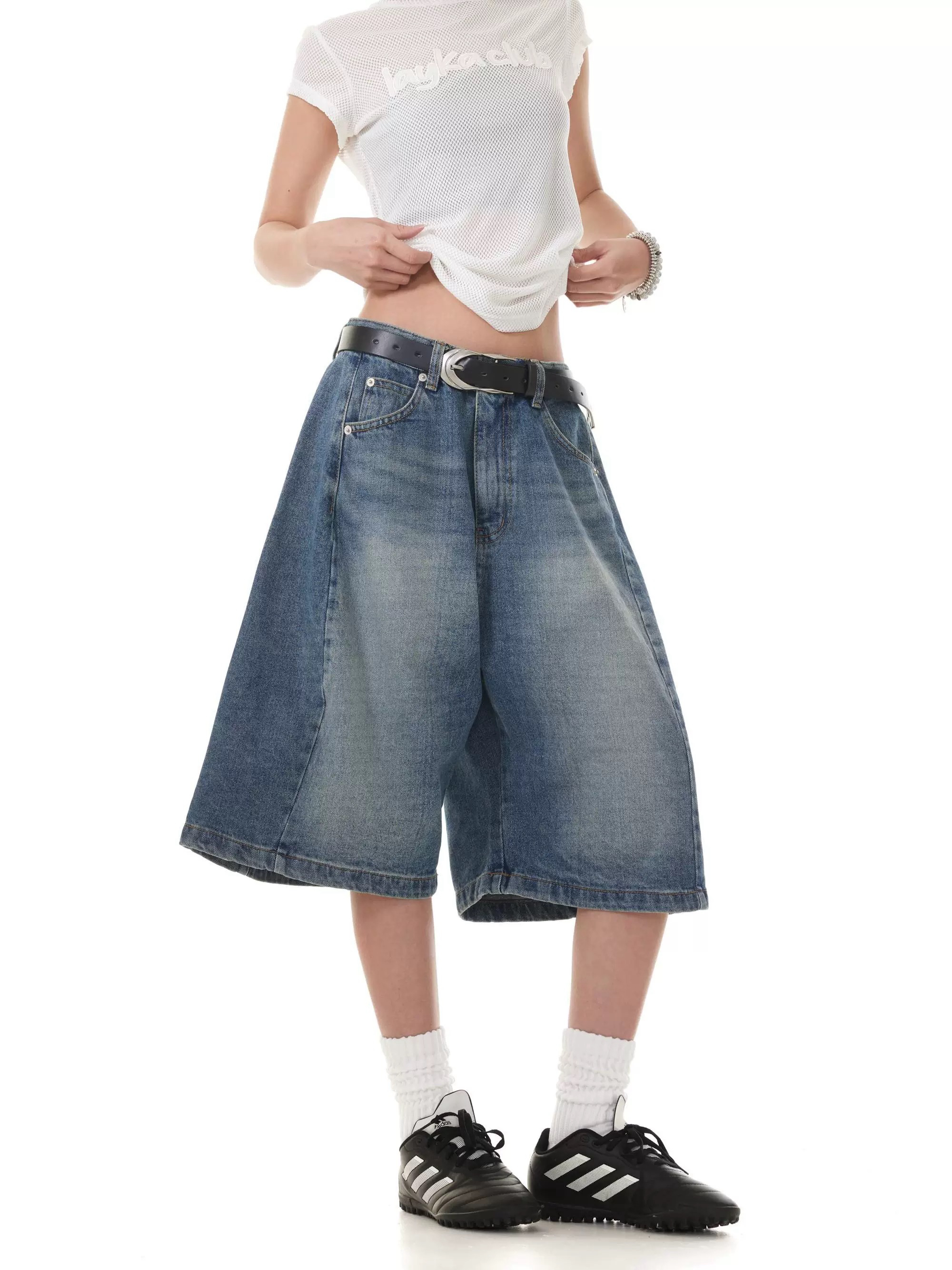 Jin Jing same style high street A-line denim shorts for women in summer wide-leg cropped pants loose straight mid-legged trousers five-point pants