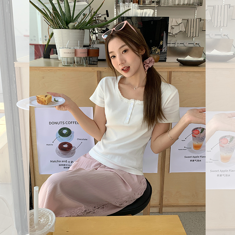Real-life design sense niche lace splicing square collar T-shirt short solid color slim and small fresh top