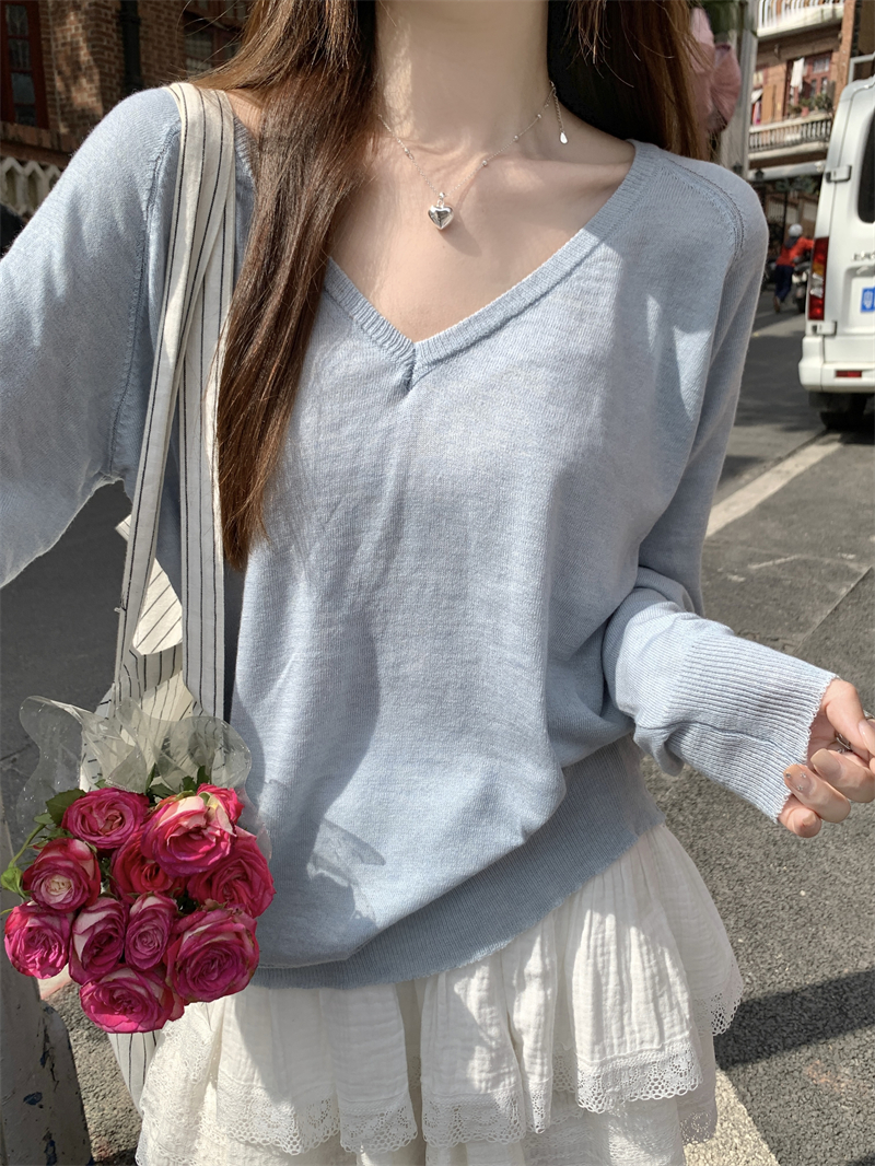 Real shot Real Spring and summer new loose long-sleeved top V-neck sweater women's top